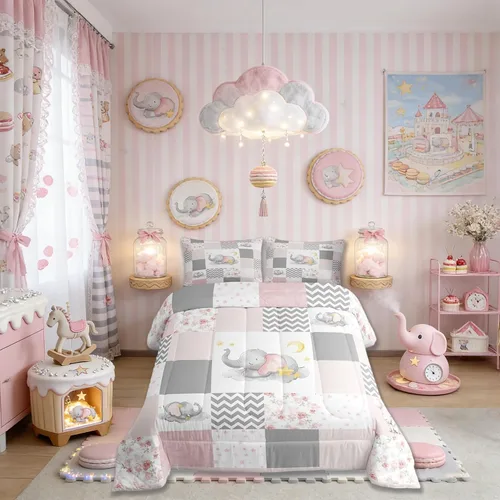 Lindo juego de edredón de elefante, tamaño individual, juego de ropa de cama de dibujos animados Kawaii con flores de animales para niños y hombres,