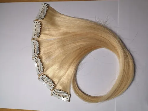 Miniatura 7 de Extensiones de cabello humano con clip, de 18 pulgadas, rubio decolorado, 100% real, extensiones de cabello con clip para mujer, 6 piezas de cabello