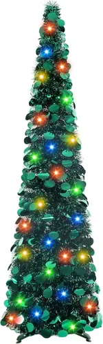Miniatura 9 de Árbol de Navidad Emergente de 5 Pies con Luces, Árbol de Lápiz Plegable Rosa, Árbol de Navidad Delgado Árbol de Navidad Esbelto, Árbol de Oropel