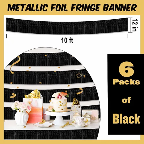 Miniatura 2 de Paquete de 6 guirnaldas de flecos de papel de aluminio negro de 10 pies con serpentinas metálicas de oropel para colgar en la pared, guirnalda