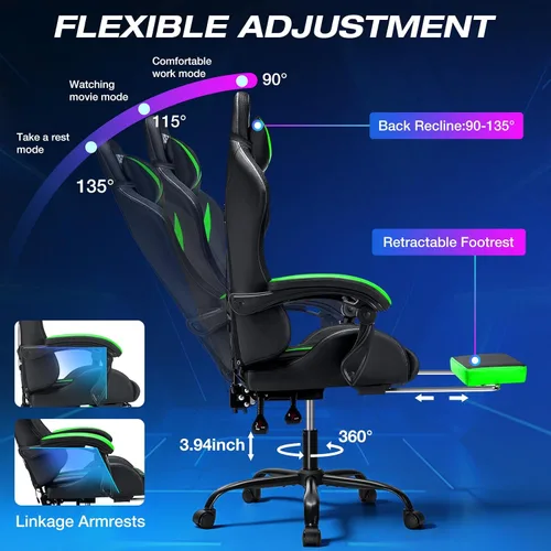 Miniatura 8 de Silla de juegos RGB con luces LED y masaje, silla ergonómica de computadora con reposapiés, silla de videojuegos de respaldo alto con soporte lumbar