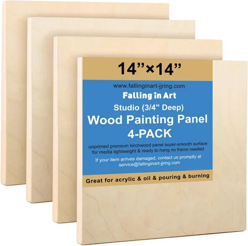 Falling in Art Kit de Paneles de Madera de Abedul Sin Terminar para Pintura, Lienzo de Madera Paquete de 4 de 14x14'' para Estudio 3/4'' de