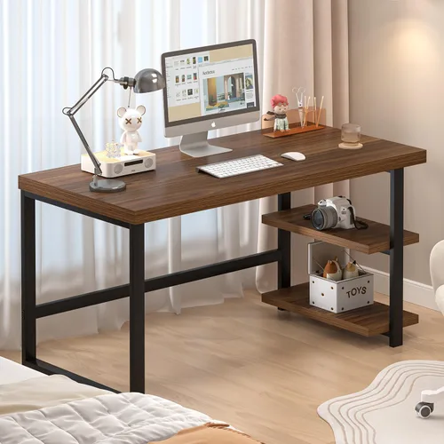 Miniatura 5 de FOLUBAN Escritorio para computadora de 47 pulgadas, escritorio pequeño para el hogar y oficina con estantes de almacenamiento, mesa de estudio, Nogal