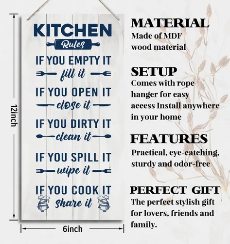 Miniatura 2 de HALUOSI Letrero decorativo de madera para cocina, reglas de cocina, 12 x 6 pulgadas, blanco, rectangular, montaje en pared, duradero, madera