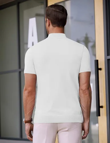 Miniatura 7 de COOFANDY Suéter de cuello alto falso para hombre, de manga corta, color sólido, básico, ajustado, de punto