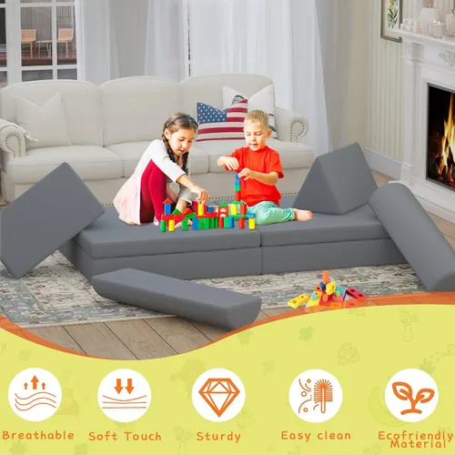Miniatura 6 de Sofá modular de juego para niños, 8 piezas, sofá convertible para niños pequeños y bebés, sofá de construcción de fortaleza para niños, sofá