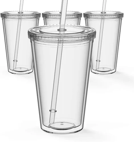 Miniatura 10 de Maars - Vaso transparente clásico con tapa y pajilla, acrílico prémium de 16 onzas, vasos reutilizables de plástico de doble pared con aislamiento