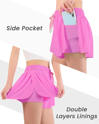 Miniatura 3 de Auranso Pantalones cortos de mariposa para niñas, pantalones cortos fluidos con bolsillo 2 en 1 para atletismo, correr, gimnasio, ropa preparatoria