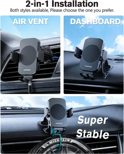 Miniatura 6 de Cargador de coche inalámbrico, soporte de teléfono de carga rápida de 15 W, soporte de teléfono con sujeción automática para parabrisas, ventilación