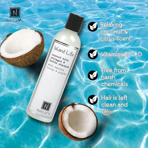 Miniatura 6 de Nabila K Champú de colágeno y biotina, 9 onzas, Island Life, leche de coco, miel de manuka y jojoba, limpiador, hidratante, seguro