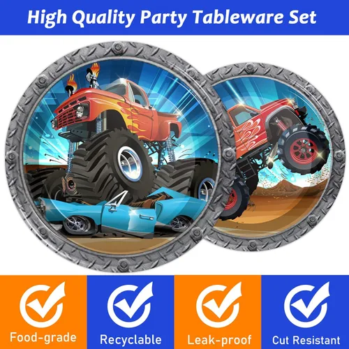 Miniatura 4 de Tevxj Juego de vajilla de cumpleaños de camión de 96 piezas, vajilla desechable de coche de carreras, platos de fiesta temática de camión