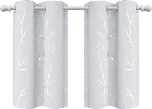 Miniatura 88 de BUHUA Cortinas pequeñas para ventana de 36 pulgadas de largo, 2 paneles, cortinas opacas con elegantes ramas de árbol plateadas, cortinas de bloqueo
