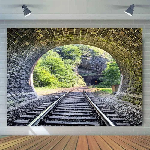 Miniatura 6 de Telón de fondo de pista de tren de 5 x 3 pies, túnel de montaña, ladrillo vintage, Sunmmer, paisaje, árboles verdes, sol, adulto, hombre, niño