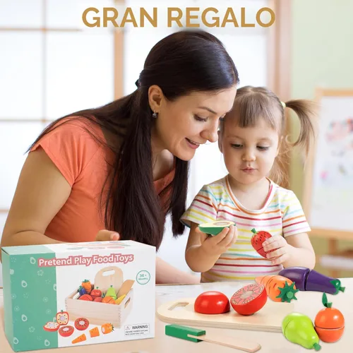 Miniatura 7 de Comida de juguete de madera para niños pequeños, juego de corte de frutas y verduras para niños, accesorios de cocina de juguete para niños y niñas
