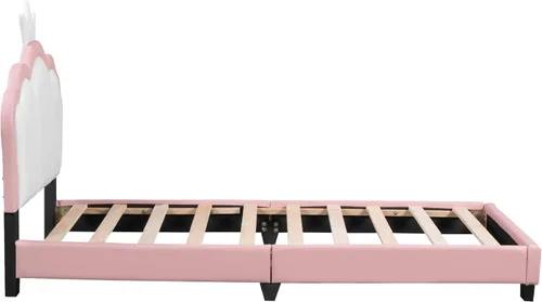 Miniatura 5 de Bonita cama de princesa tapizada de tamaño individual con cabecera corona, plataforma de piel sintética rosa para niños y niñas, no requiere somier