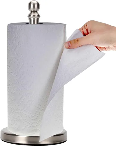 Soporte para toallas de papel, soporte de rollo de papel de pie para cocina y baño, con base pesada para operación con una sola mano (níquel Níquel