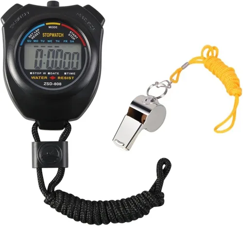 Vicloon Cronómetro deportivo digital con silbato de acero inoxidable, pantalla LCD grande adecuada para fútbol, baloncesto, correr, natación, Negro