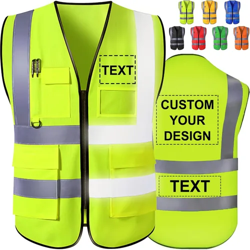 Chaleco de seguridad personalizado de alta visibilidad, reflectante, con logotipo, bolsillo para fotos, cremallera, personalizable, clase 2, para