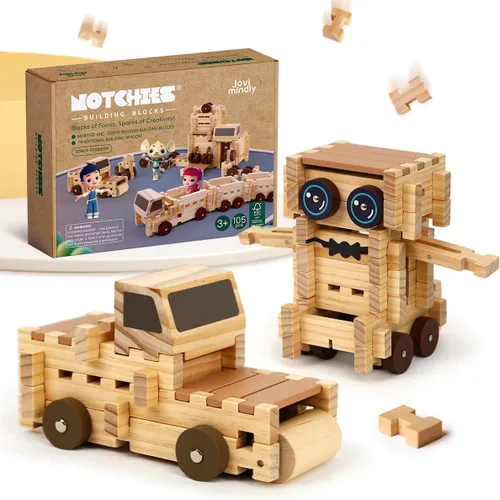 Miniatura 11 de Jovi-mindly &Notchies - Juego de 63 bloques de madera para principiantes, juguetes de aprendizaje preescolar, bloques de madera para niños a partir