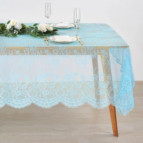 Miniatura 11 de Fanqisi Mantel de encaje azul de 5 piezas de 60 x 120 pulgadas, manteles de encaje clásico para boda, cubierta de mesa de fiesta para despedida