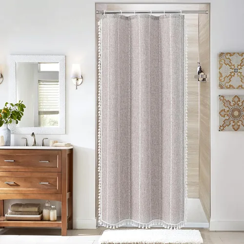 Miniatura 25 de MitoVilla - Juego de cortina de ducha de tela de granja gris, cortinas de ducha de poliéster y lino modernas estilo bohemio para decoración de baño