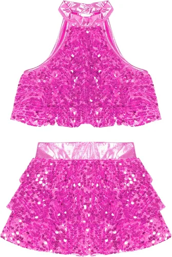 Miniatura 5 de YiZYiF Conjunto de 2 piezas de baile con lentejuelas para niñas y niñas, top corto metálico con falda, disfraz de baile latino de jazz