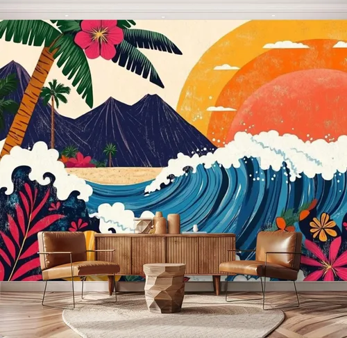 Miniatura 14 de Hawaii - Mural de pared retro exótico exótico tropical con olas de playa, paisaje, vintage, despegar y pegar, autoadhesivo, extraíble, adhesivo