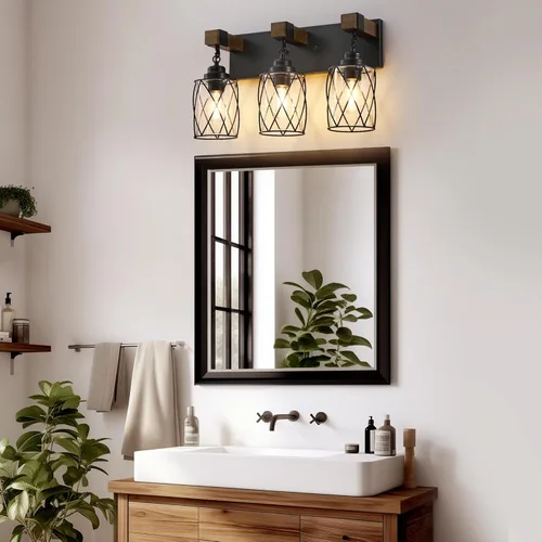 Miniatura 2 de Accesorios de iluminación de baño de granja, lámpara de tocador de baño de 3 luces con pantalla de metal y vidrio, accesorios de iluminación