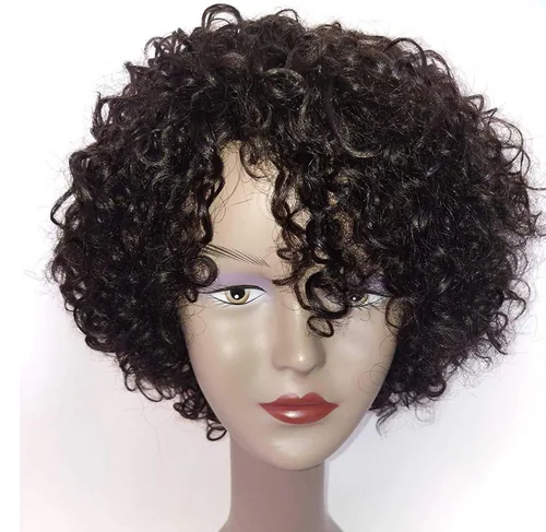 Pelucas de cabello humano rizado brasileño de 10 pulgadas para mujeres negras, peluca corta sin pegamento con color natural, 100% cabello humano