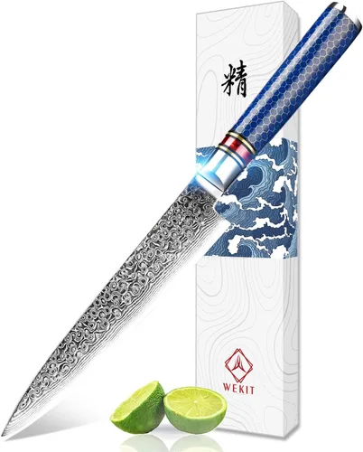 Cuchillo de cocina de 6 pulgadas, cuchillo de chef japonés de Damasco, acero de alto carbono, diseño ergonómico, mango de resina azul con caja de