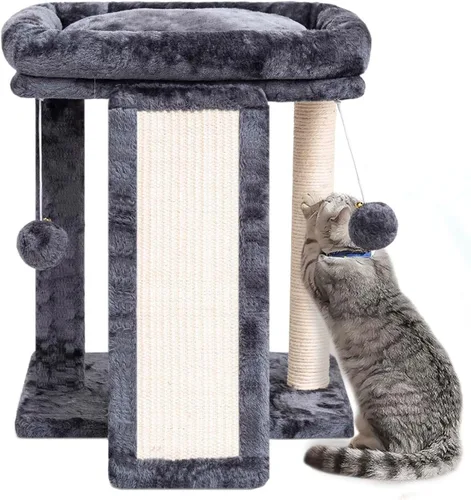 Miniatura 11 de SYANDLVY Árbol pequeño para gatos con poste rascador, tabla rascador para gatos con perca, rascador de poste para gatos de interior, 2 bolas Beige