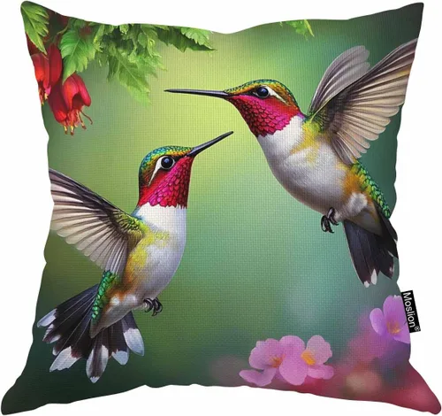 Swono Funda de almohada de lino y algodón con diseño de flores de colibrí para sofá, cama, 18 x 18 pulgadas