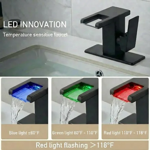 Miniatura 2 de AVSIILE llave LED para fregadero de baño, cascada negra mate, mango de un solo agujero para lavabos, 1 agujero con drenaje desplegable de metal y 2