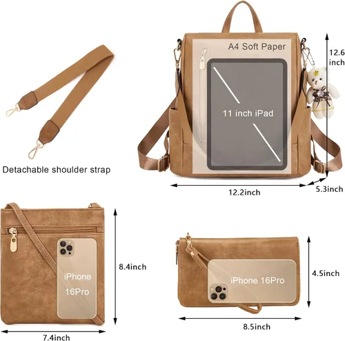 Miniatura 6 de Soperwillton Mochila de moda para mujer, bolso de hombro de cuero antirrobo, bolsa de viaje, múltiples bolsillos, cartera, juego de 3 piezas