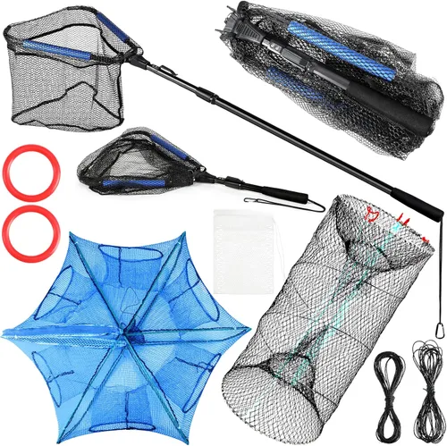 Windyun 3 trampas de cebo de pesca plegadas, incluye red de aterrizaje de peces con mango telescópico, trampas cilíndricas hexagonales para peces,
