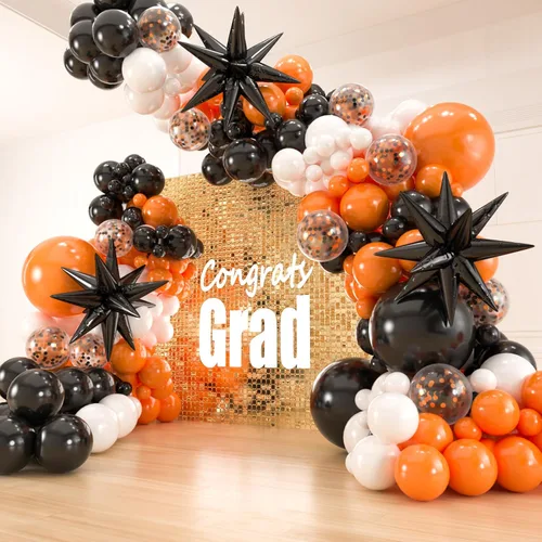 141 globos de látex con 3 globos de aluminio para cumpleaños, graduación, discoteca 2024, decoraciones de fiesta de graduación (naranja, negro y