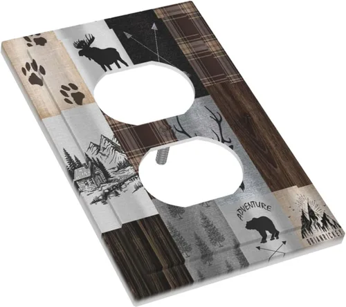 Miniatura 3 de Cubiertas de pared de lodge rústico retro con diseño de osos, ciervos y animales salvajes. Placas de pared dúplex simples para interruptor de luz.