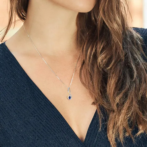 Miniatura 3 de Gem Stone King Collar con colgante de plata de ley 925 y oro amarillo de 10 quilates, zafiro creado en azul y diamantes blancos cultivados
