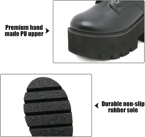 Miniatura 2 de mikarka Botas de plataforma de cadena para mujer, con cordones y cremallera, tacón grueso, botines de combate negros, botas de motocicleta