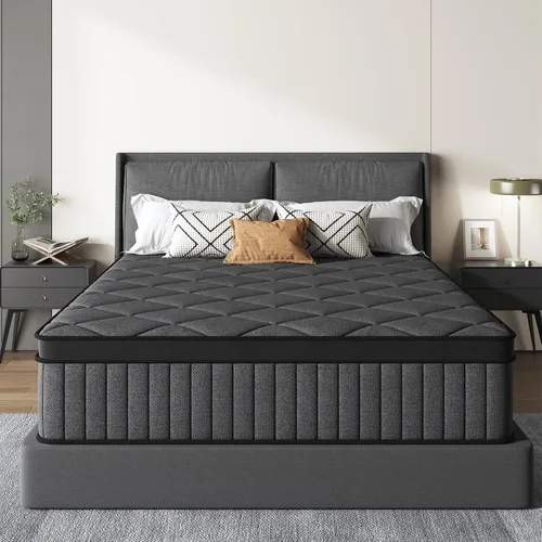 Colchón negro matrimonial, colchón híbrido de 10 pulgadas tamaño matrimonial, firmeza media con espuma viscoelástica y resortes en bolsillo, funda