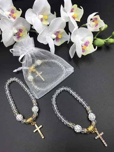 Miniatura 2 de 12 Nuevo Cristal Blanco/Oro Pulsera Bautizo con Cruz con Bolsas de Organza Recuerdos de Bautizo