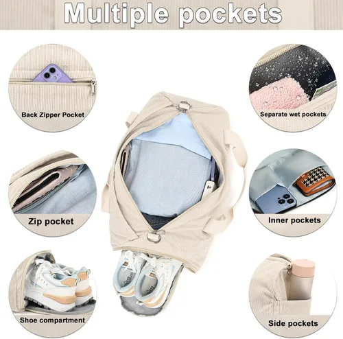 Miniatura 5 de Bolsa de lona para gimnasio, deportes, mujeres y niñas, bolsa de viaje de entrenamiento para fin de semana con compartimento para zapatos y bolsillo