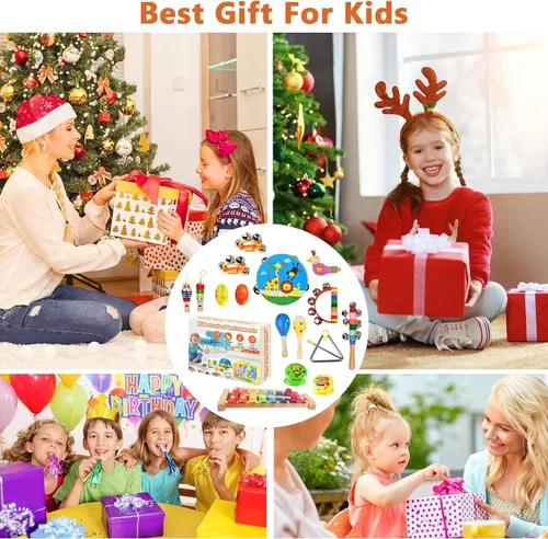 Miniatura 7 de Juego de instrumentos musicales para niños, 20 piezas de instrumentos de percusión de madera para bebés y niños con maracas de xilófono pandereta