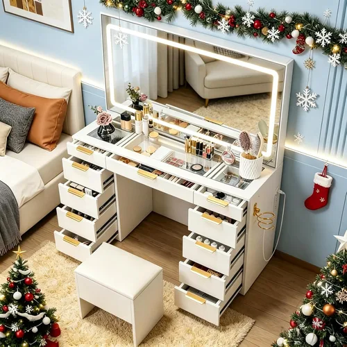 Miniatura 9 de Pamapic Tocador de 11 cajones con manijas doradas, rieles silenciosos mejorados, espejo de tocador con luces, 3 modos de iluminación, tocador