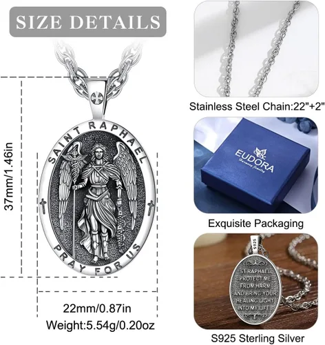 Miniatura 43 de EUDORA Collar de plata de ley 925, San Cristóbal y San Benito, San Miguel, Virgen María, San Judas Tadeo, Cruz de Buen Pastor y Arcángel, Medalla