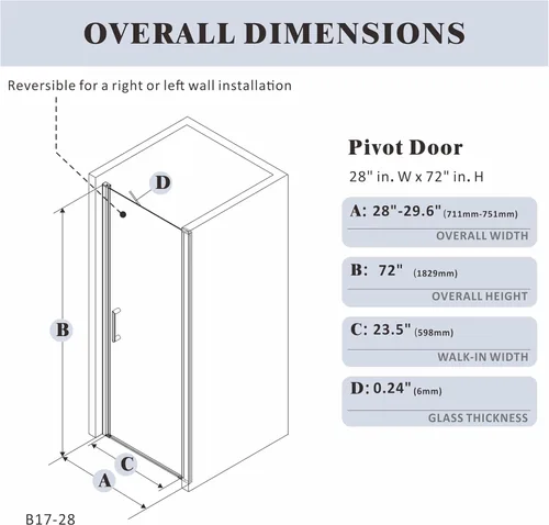 Miniatura 2 de Puerta de ducha de baño, puerta de ducha de vidrio templado sin marco, panel de ducha de 28" de ancho x 72" de alto, puerta de ducha batiente simple