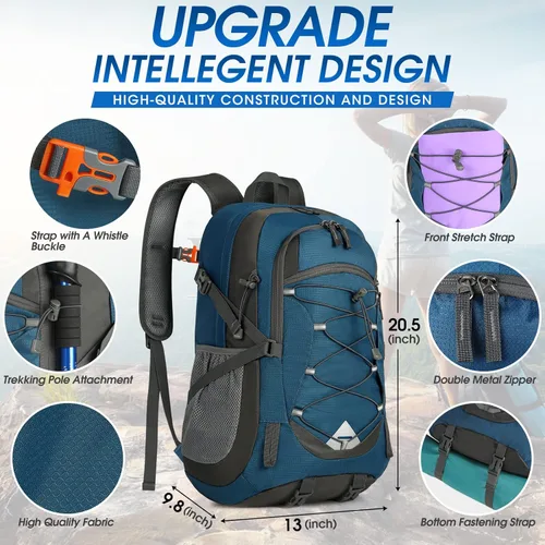 Miniatura 2 de IGOLUMON Mochila de senderismo de 40 L, plegable, ligera, mochila de camping para hombres y mujeres, impermeable, mochila de senderismo al aire Azul