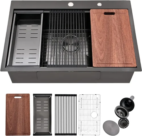 Miniatura 9 de Fregadero de cocina de 33 x 22 pulgadas, fregadero de cocina negro de 33 pulgadas, fregadero de estación de trabajo de acero inoxidable 304 negro