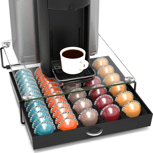 DecoBrothers Cajón Organizador de Cápsulas de Café Vertuo de Vidrio Templado de Cristal, Organizador de 30 Cápsulas Grandes o 60 Pequeñas Nespresso,