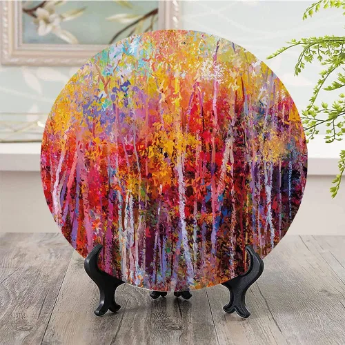 Miniatura 2 de Platos de cerámica, platos de cerámica decorativos de la naturaleza, pintura vibrante de la naturaleza con árboles en el bosque de otoño, platos